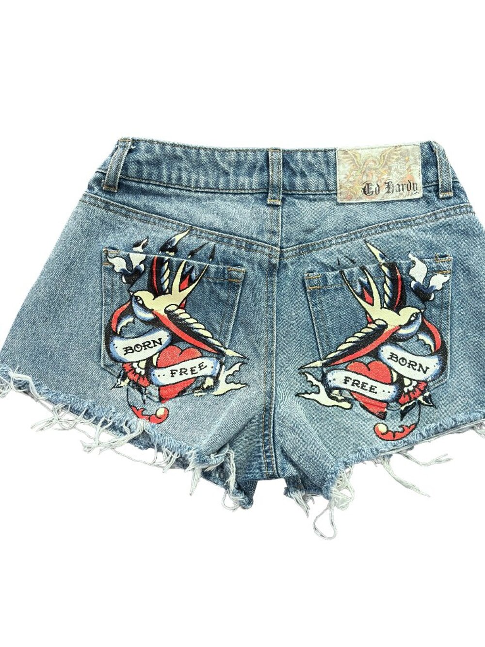 Ed Hardy Denim Cutoff Shorts XS Blue Tattoo Y2K Low Rise Distressed Jean
